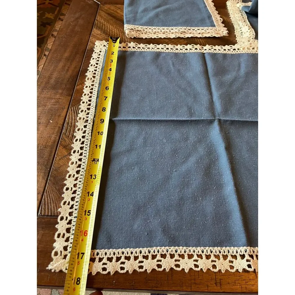 Napkin Lot of (4) Blue Cream‎ Handmade Lace Edges Linen(?) Boho Bohemian